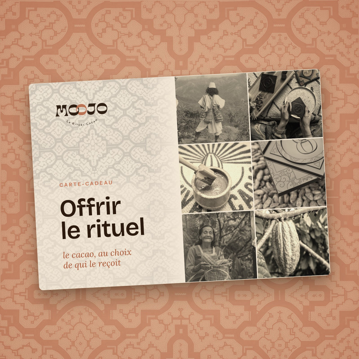 Carte-cadeau MOOJO : « Offrir le rituel », mosaïque de photos du cacao, fond kené