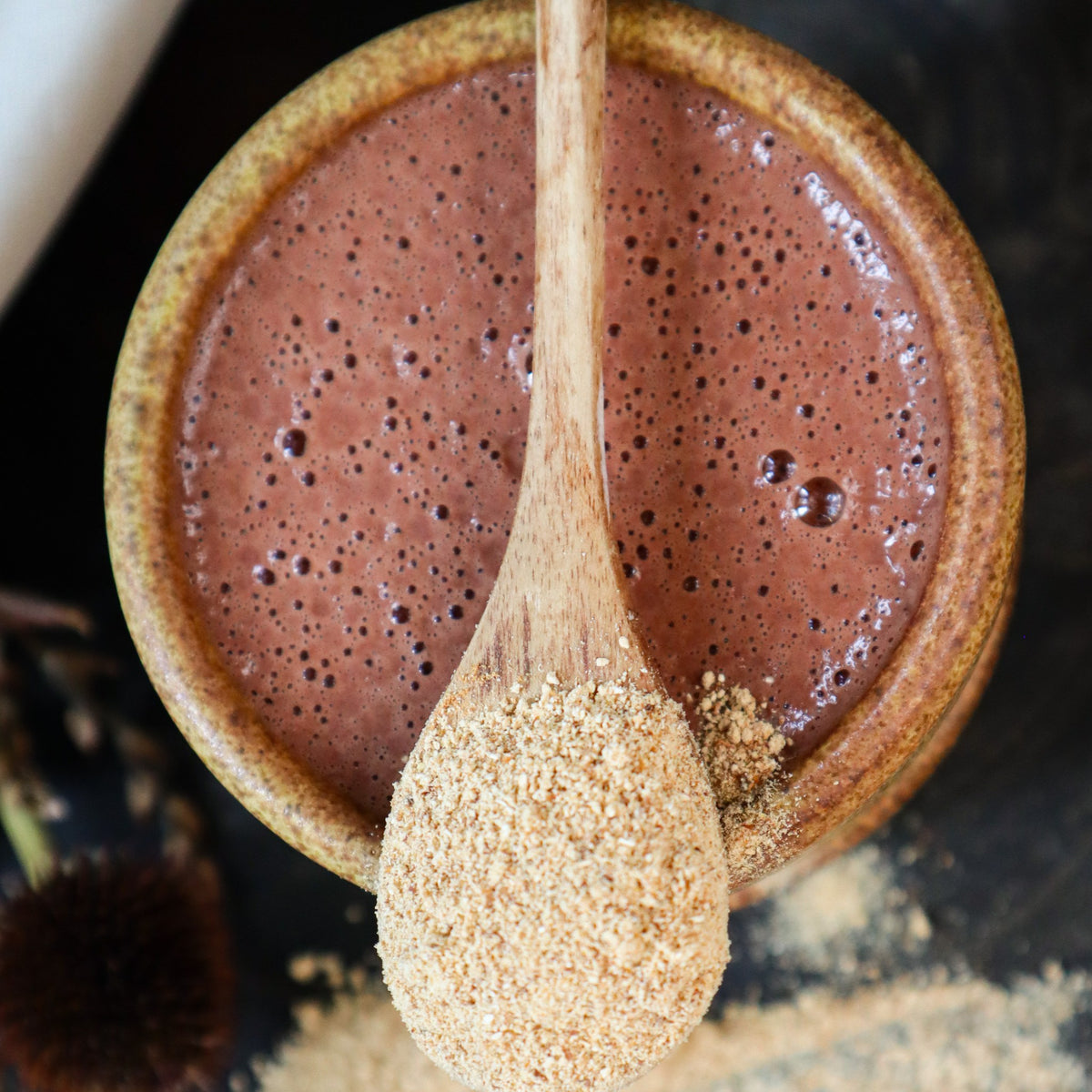Kop cacao en een lepel Lion's Mane-poeder, van bovenaf
