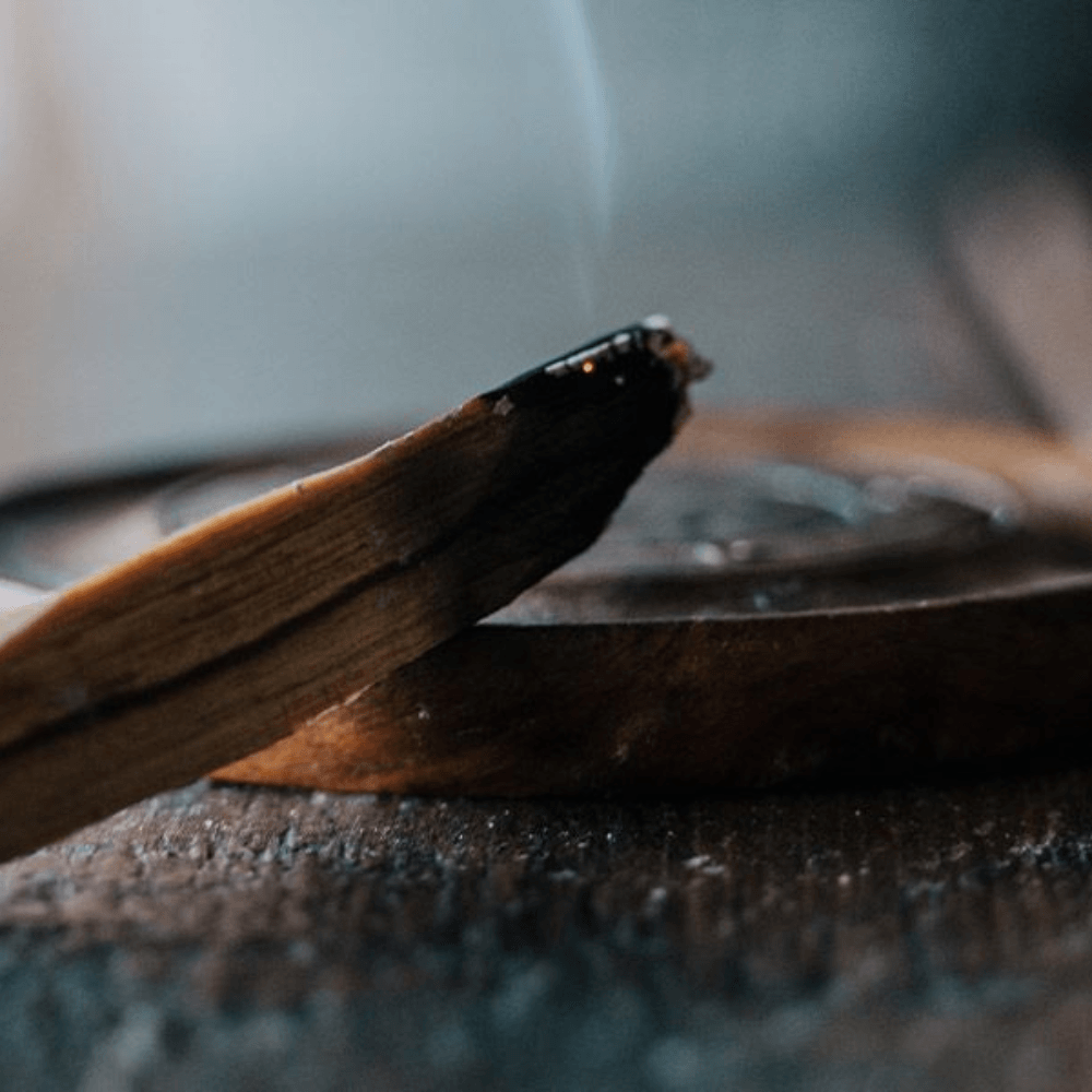 Smeulend palo santo stokje op een houten houder